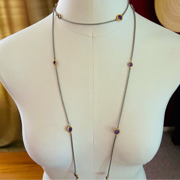 Vintage Bezel-Set Amethyst Crystal X-Long 55" Gold Plated & 926 Silver Necklace - Picture 10 of 14